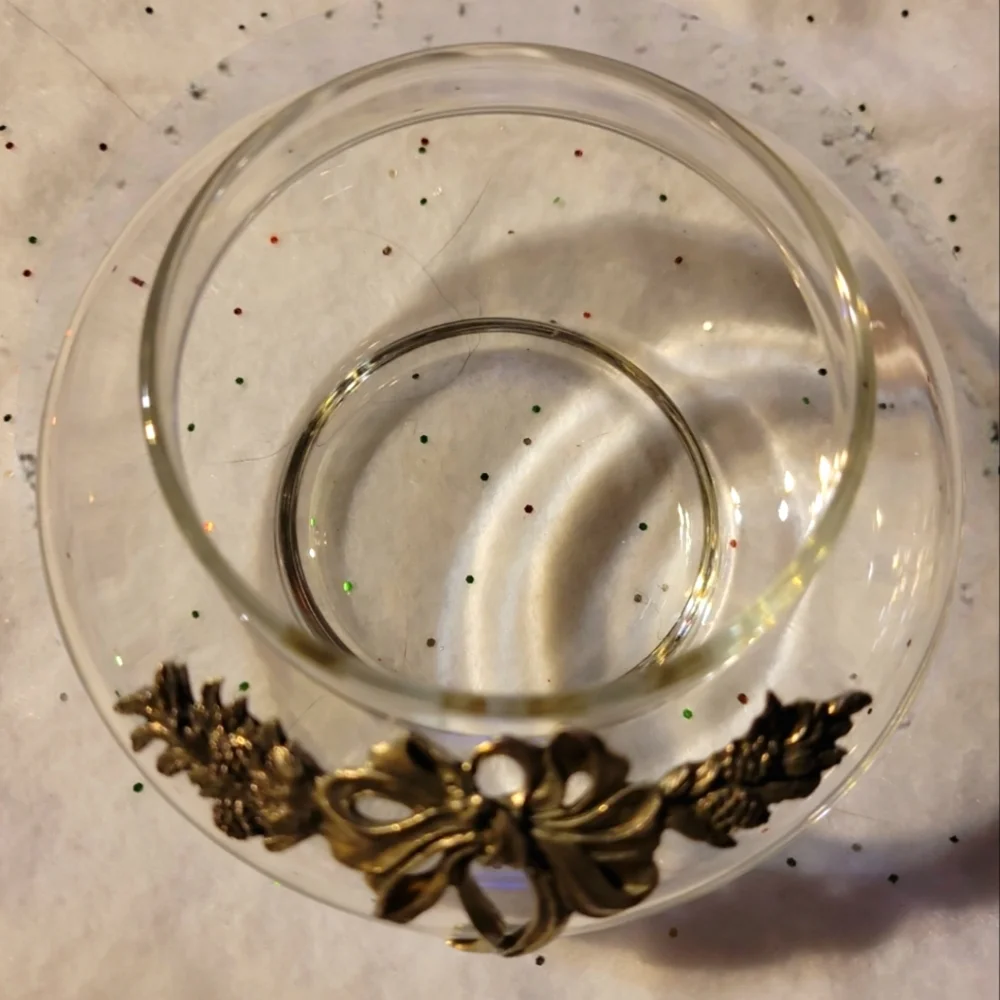 Vtg Pewter Bow Pinecone Accented Small Aquarium Shaped Round Clear Glass Bowl - Picture 2 of 4